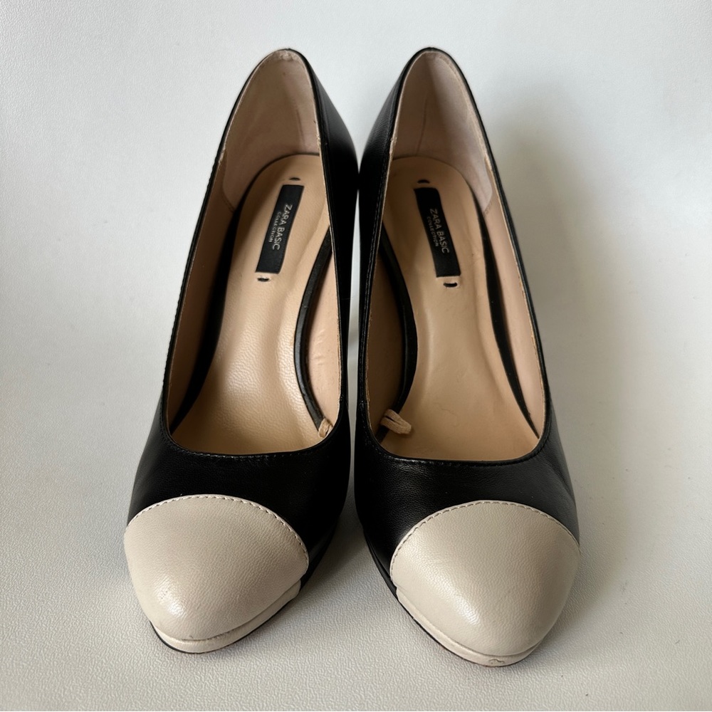Zara Basic Black & White Leather Heels - Size 37